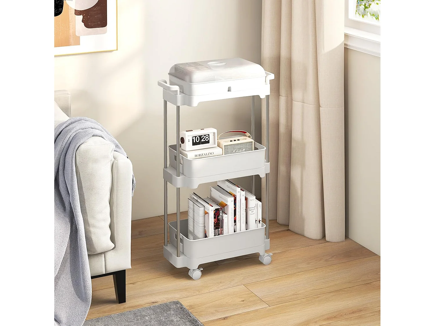 Chariot rangement 3 niveaux, couvercle amovible, cadre alu Blanc