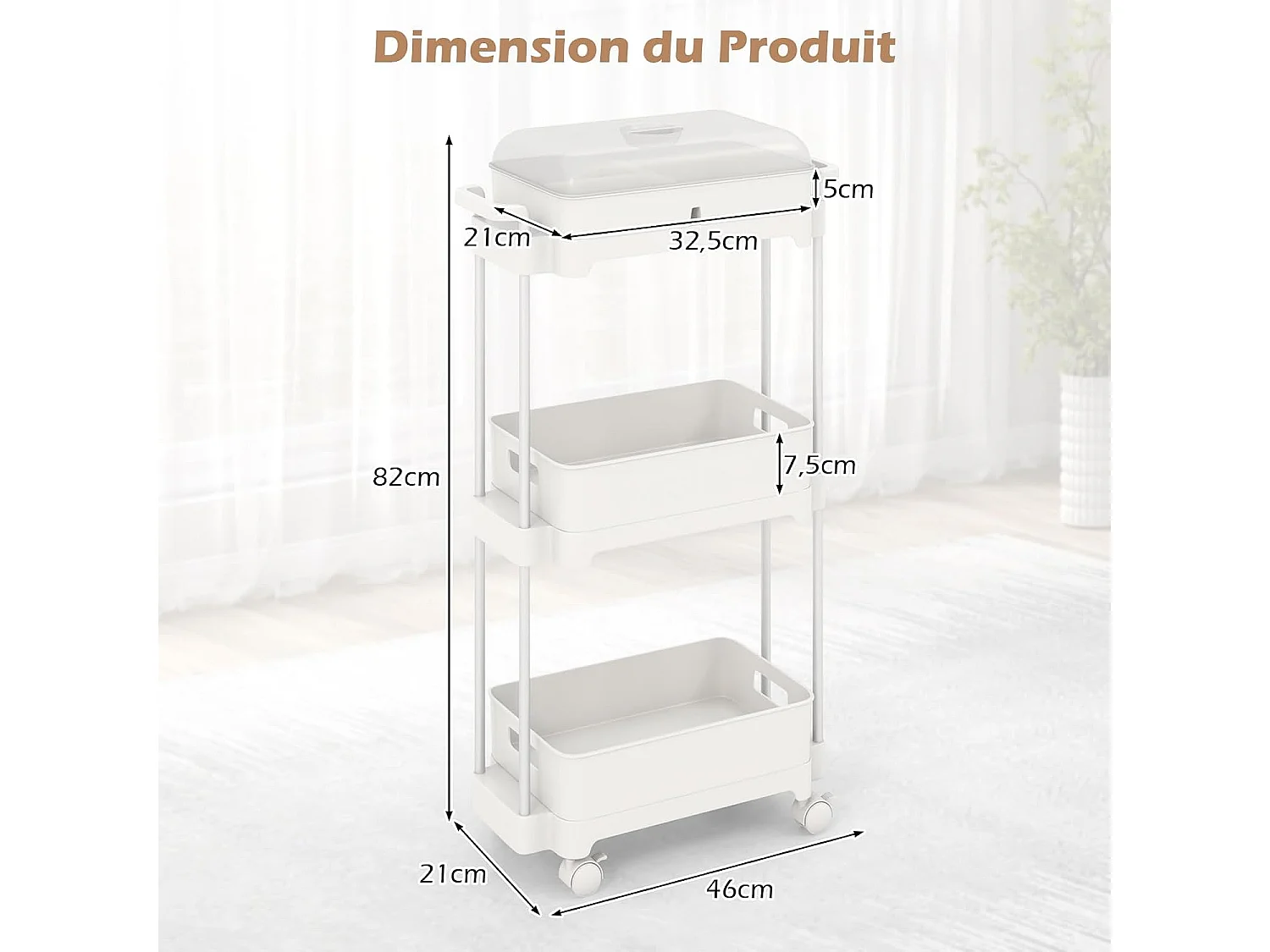 Chariot rangement 3 niveaux, couvercle amovible, cadre alu Blanc