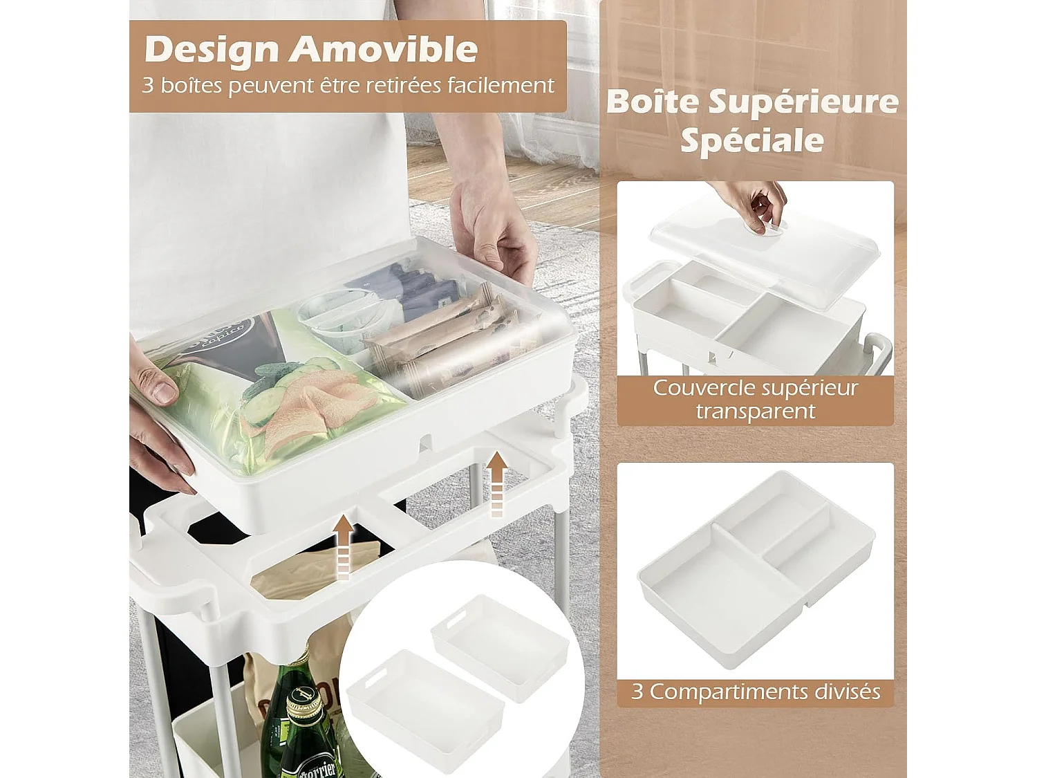 Chariot rangement 3 niveaux, couvercle amovible, cadre alu Blanc