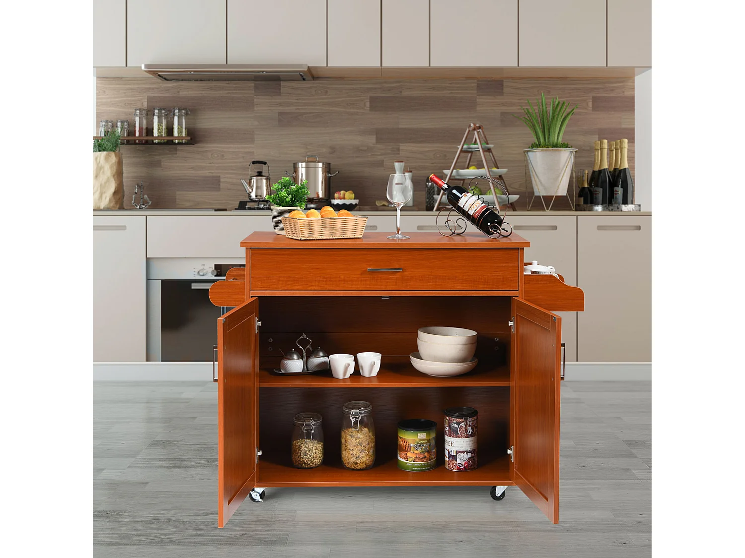 Desserte roulettes verrouillables 3 niveaux tiroir porte-épices 40×116×85cm Marron