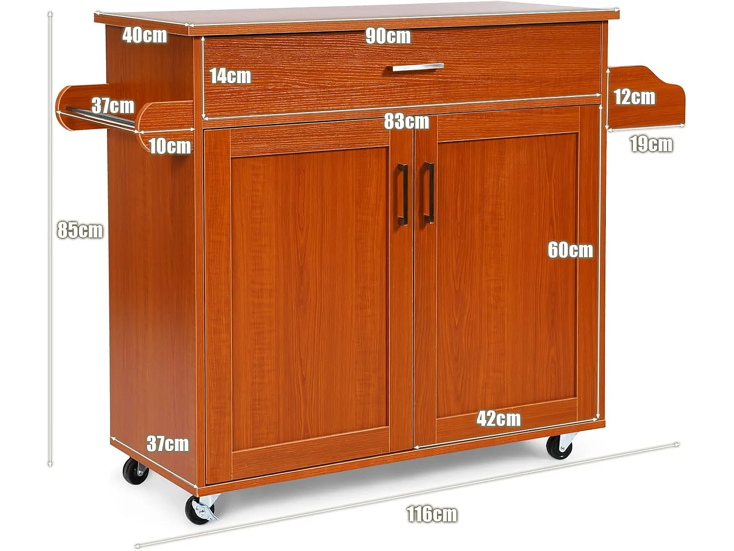 Desserte roulettes verrouillables 3 niveaux tiroir porte-épices 40×116×85cm Marron