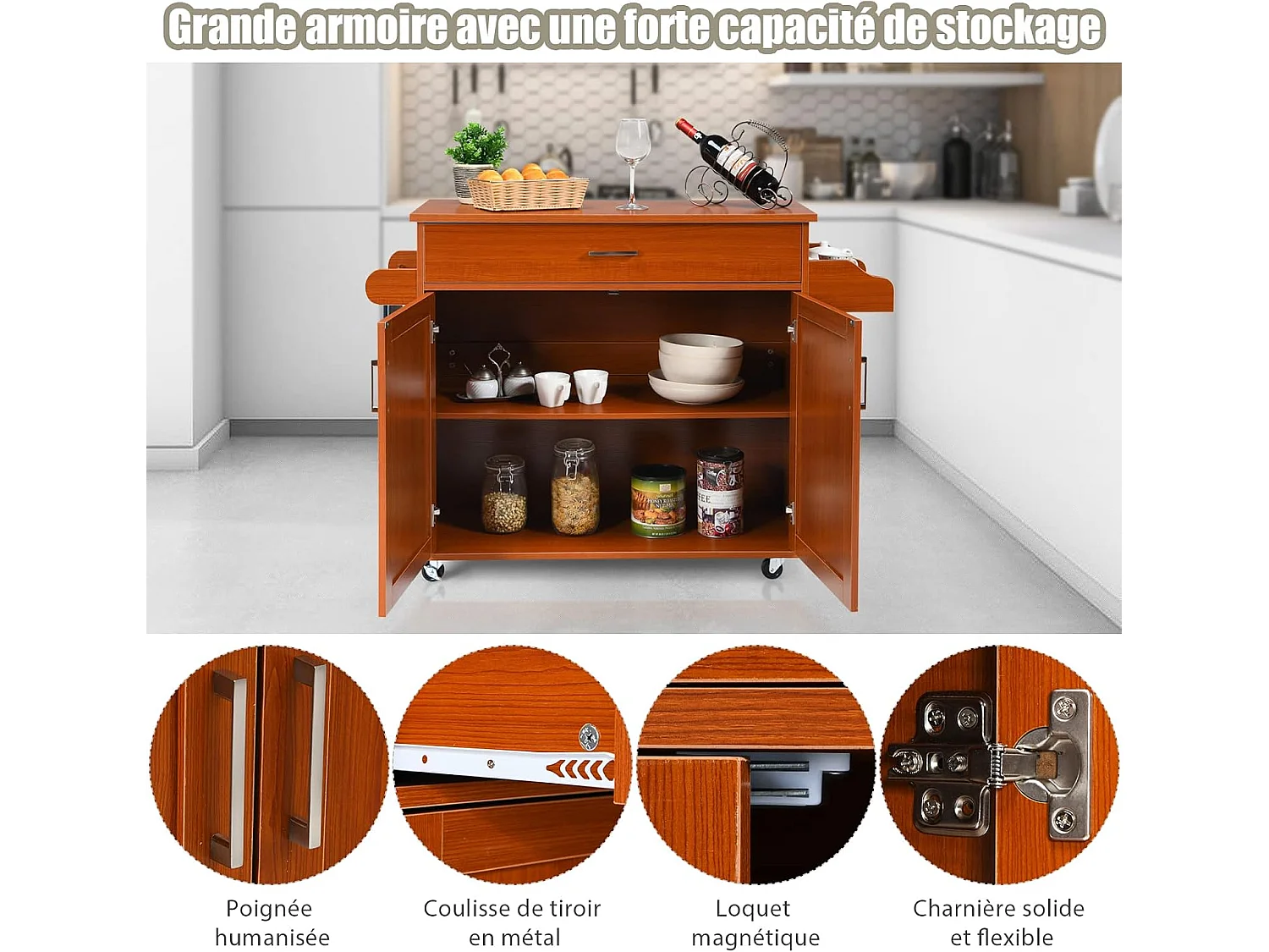 Desserte roulettes verrouillables 3 niveaux tiroir porte-épices 40×116×85cm Marron