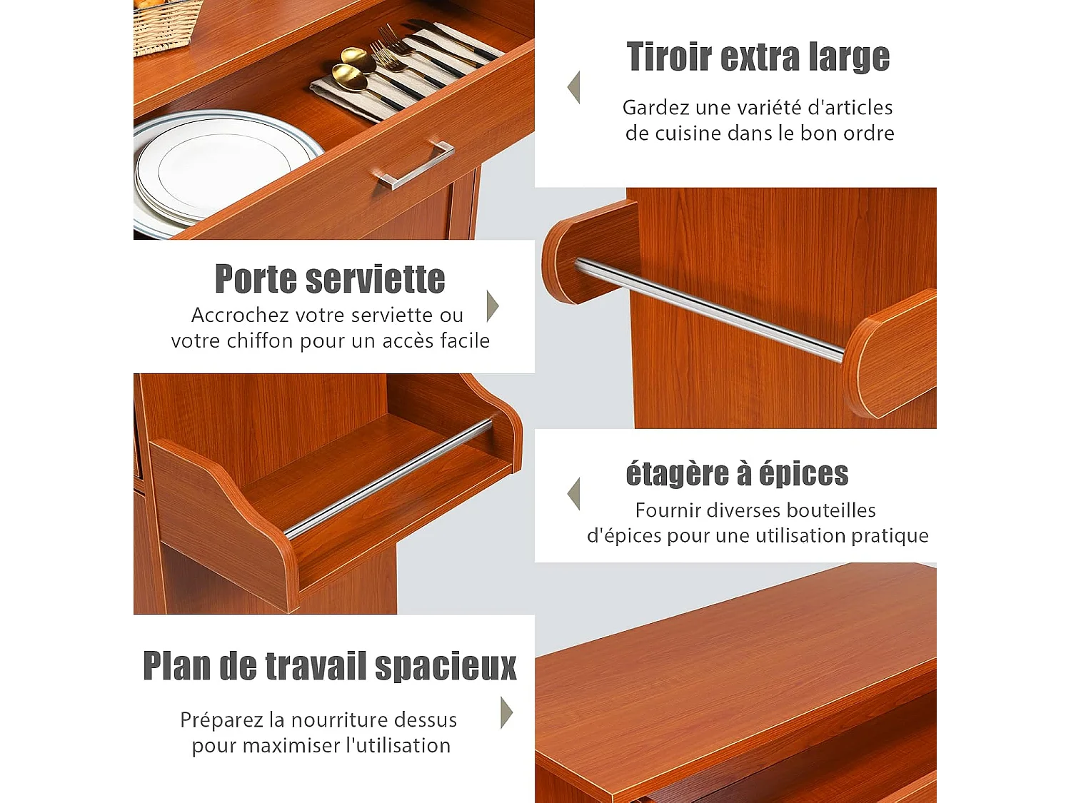 Desserte roulettes verrouillables 3 niveaux tiroir porte-épices 40×116×85cm Marron