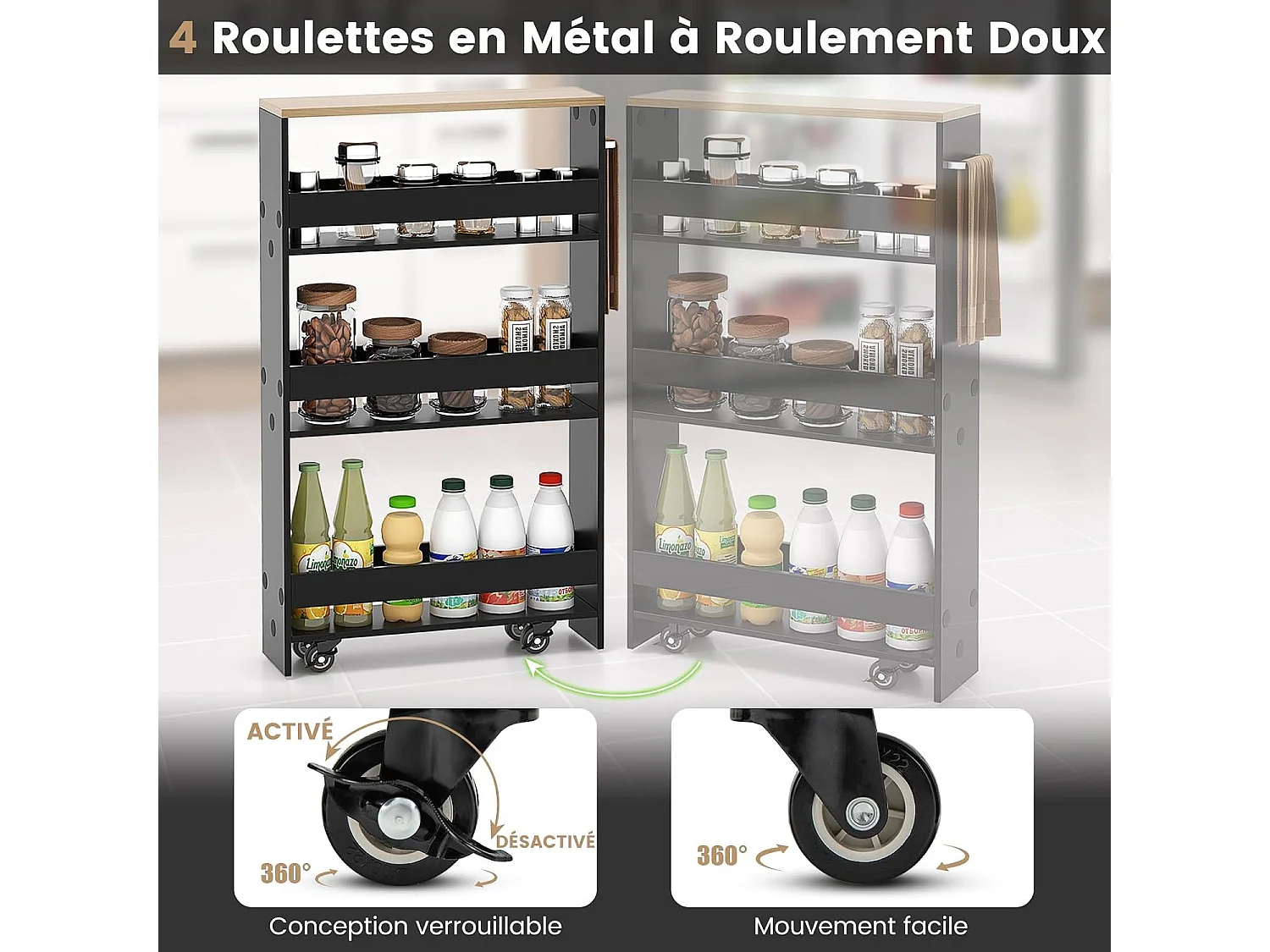Chariot 13cm roulettes, desserte 4 niveaux, poignée latérale, roues freins (Noir+Naturel)