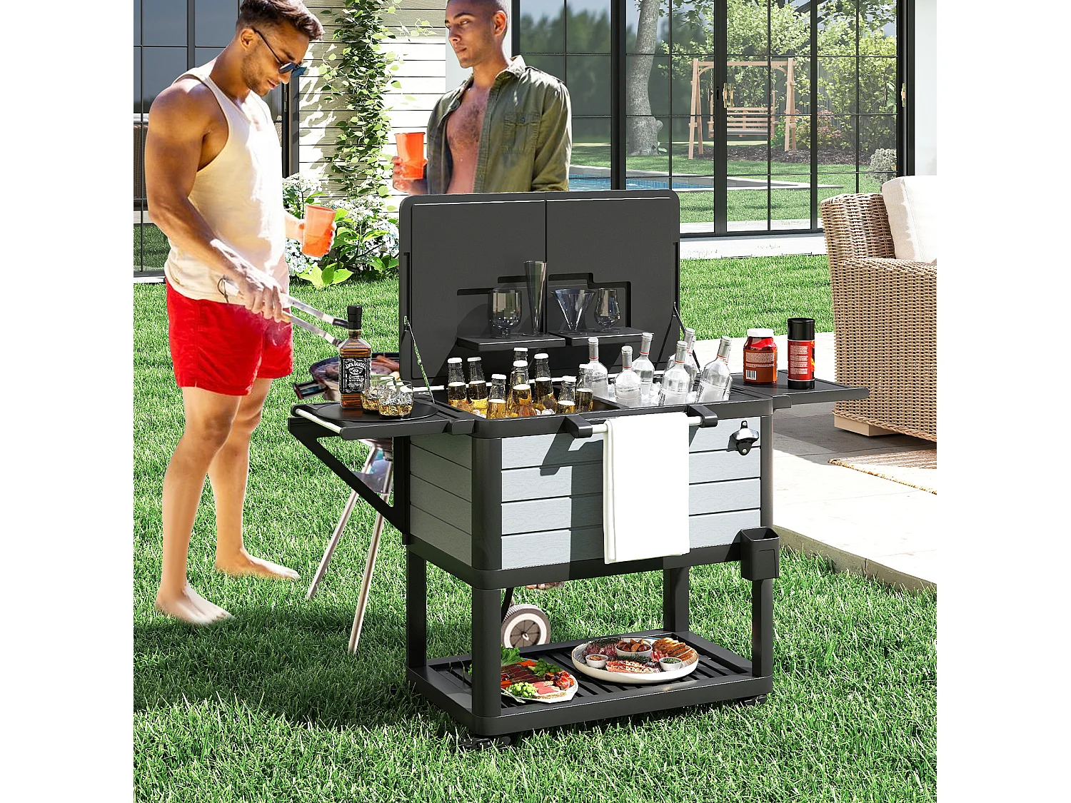 Chariot isothermique 91L roulettes, rangement glace & boissons jardin