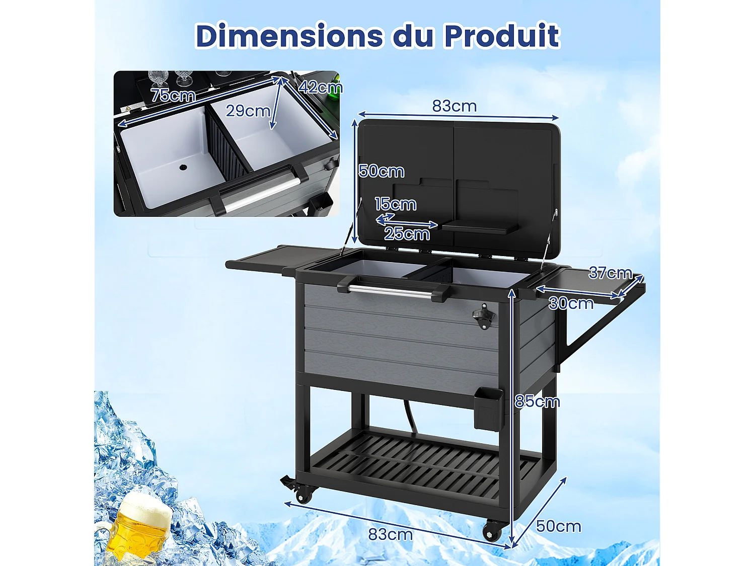 Chariot isothermique 91L roulettes, rangement glace & boissons jardin