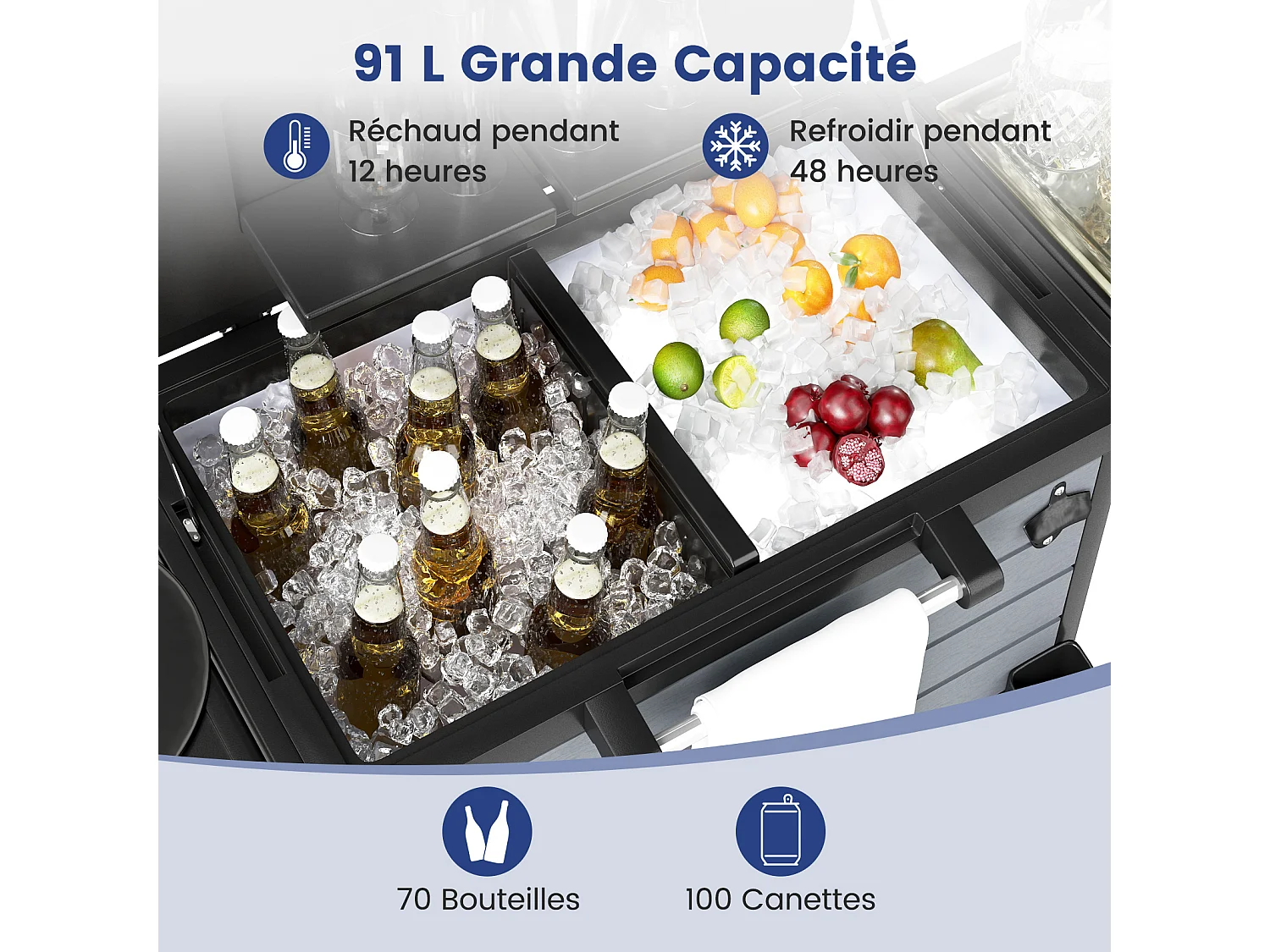 Chariot isothermique 91L roulettes, rangement glace & boissons jardin