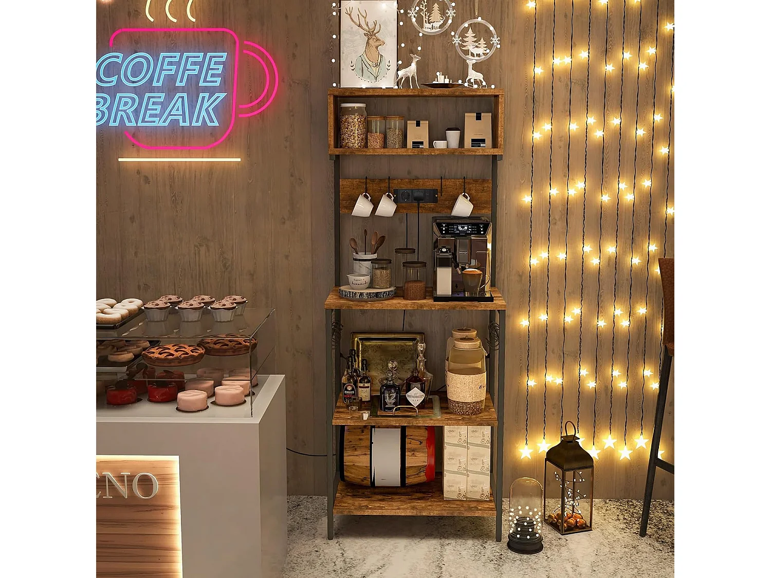 Étagère cuisine, micro-ondes & café 5 niveaux 10 crochets Marron Rustique
