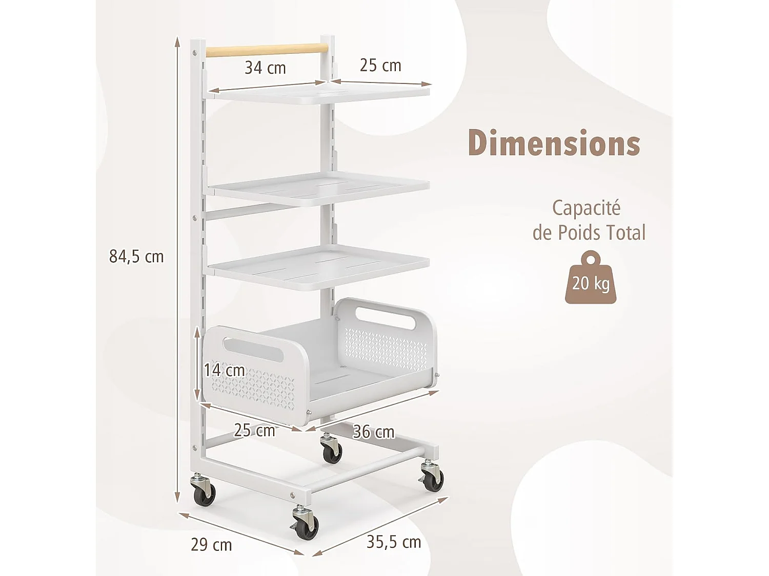 Chariot métal 4 niveaux ajustables, 3 étagères 1 panier 2 freins