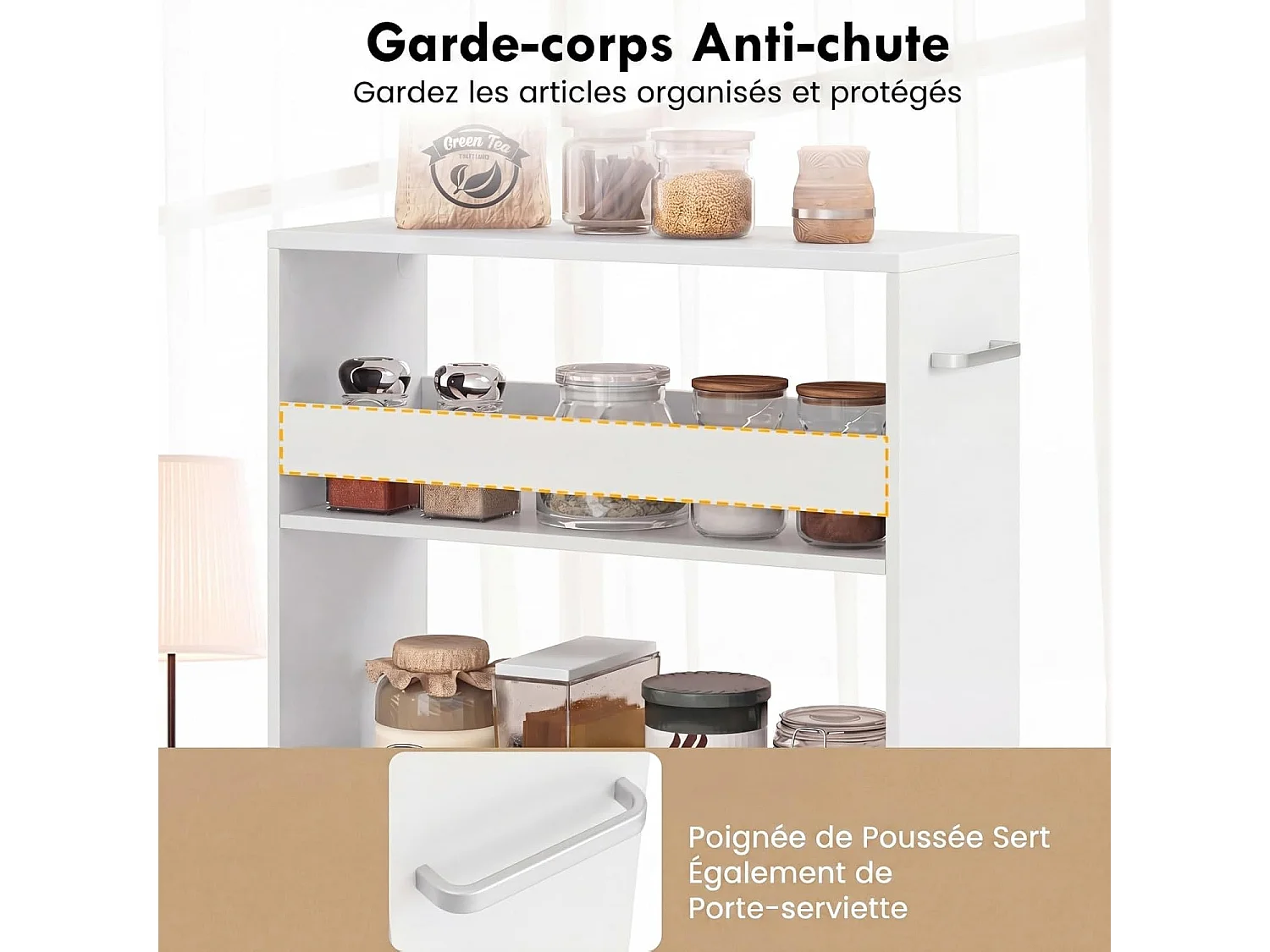 Chariot 20cm roulettes, desserte 4 niveaux, poignée latérale, roues freins (Blanc+Blanc)