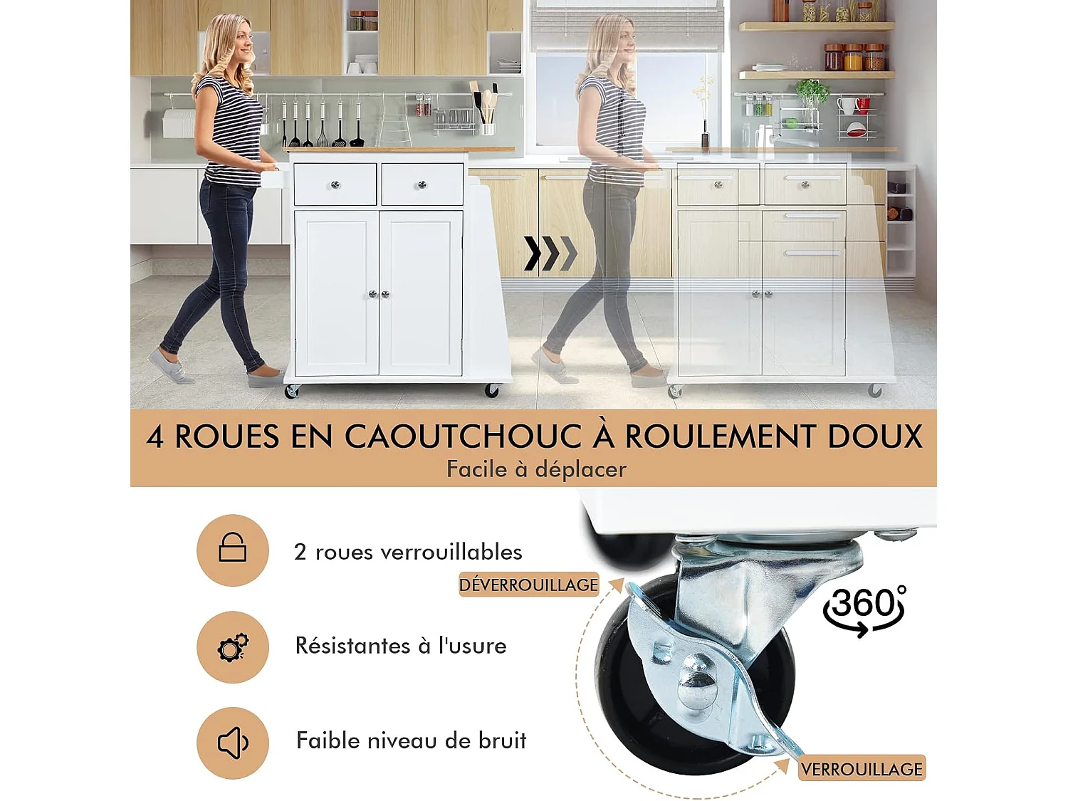 Desserte cuisine roulettes plateau bois 1 tiroir porte-serviettes 88×46×90cm Blanc