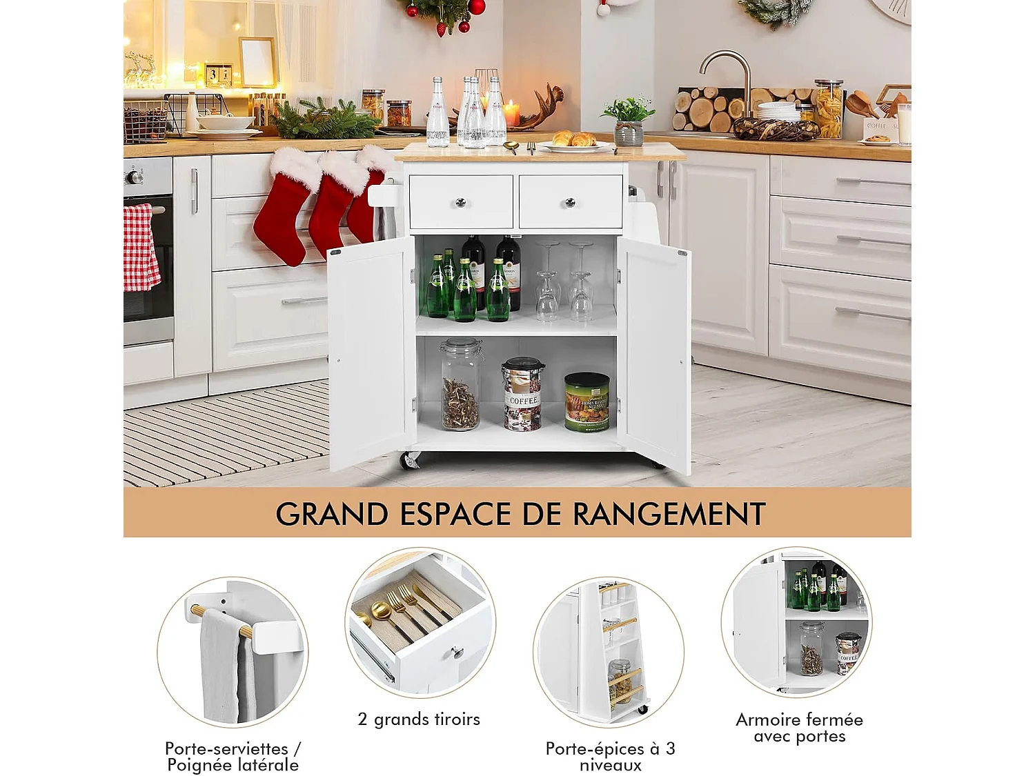 Desserte cuisine roulettes plateau bois 1 tiroir porte-serviettes 88×46×90cm Blanc