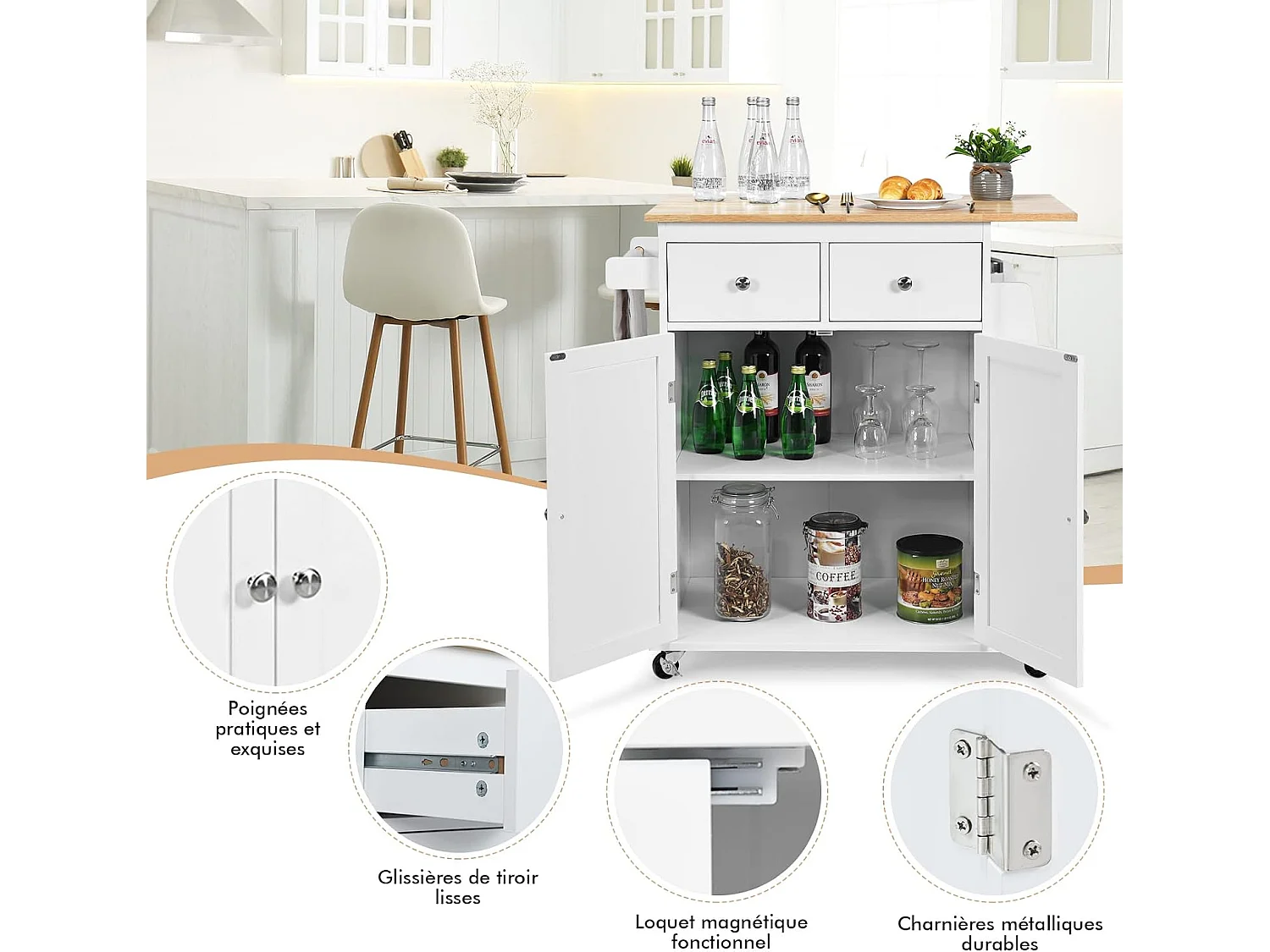 Desserte cuisine roulettes plateau bois 1 tiroir porte-serviettes 88×46×90cm Blanc