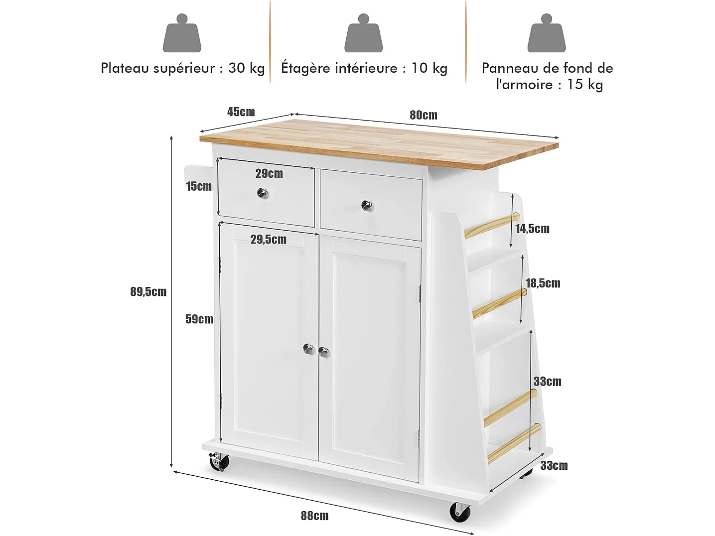 Desserte cuisine roulettes plateau bois 1 tiroir porte-serviettes 88×46×90cm Blanc