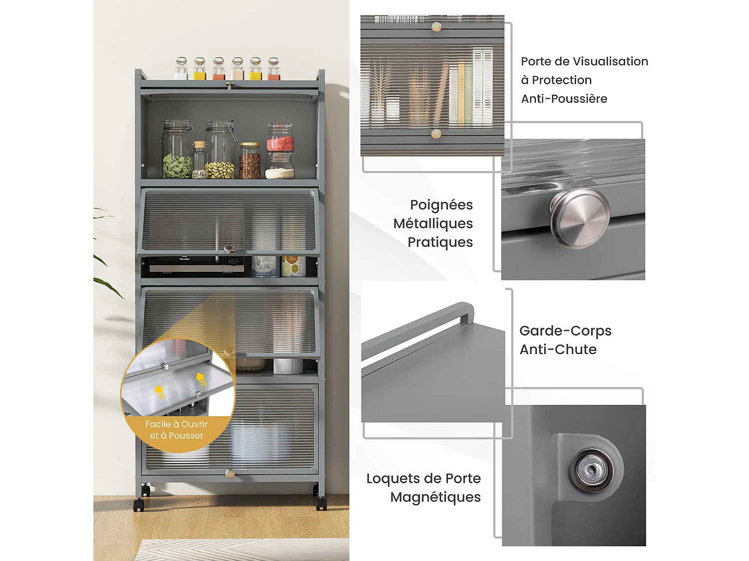 Étagère cuisine 5 niveaux, armoire 4 portes 60x32x154cm Gris