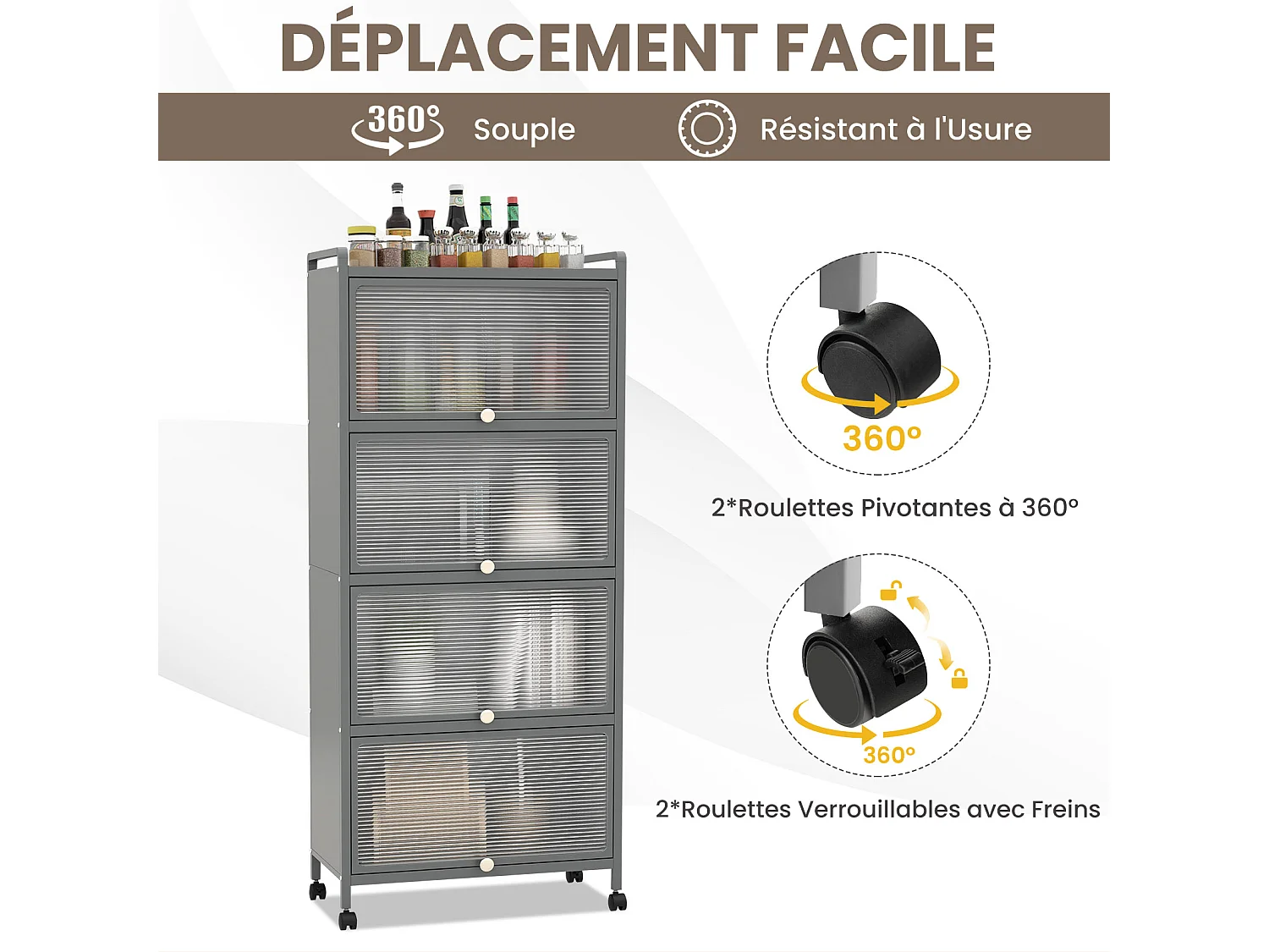 Étagère cuisine 5 niveaux, armoire 4 portes 60x32x154cm Gris