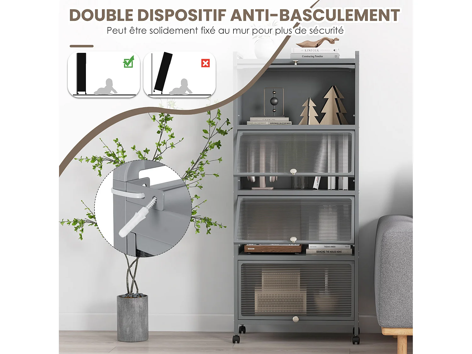 Étagère cuisine 5 niveaux, armoire 4 portes 60x32x154cm Gris