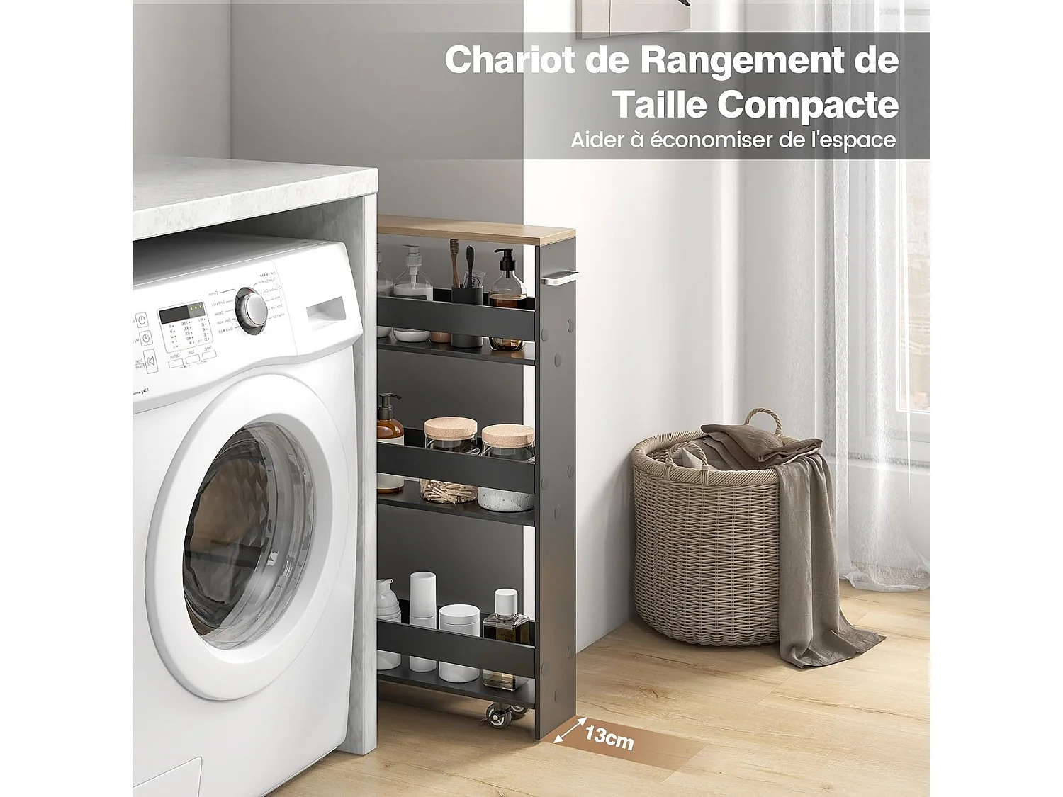 Chariot 13cm roulettes, desserte 4 niveaux, poignée latérale, roues freins (Gris+Naturel)
