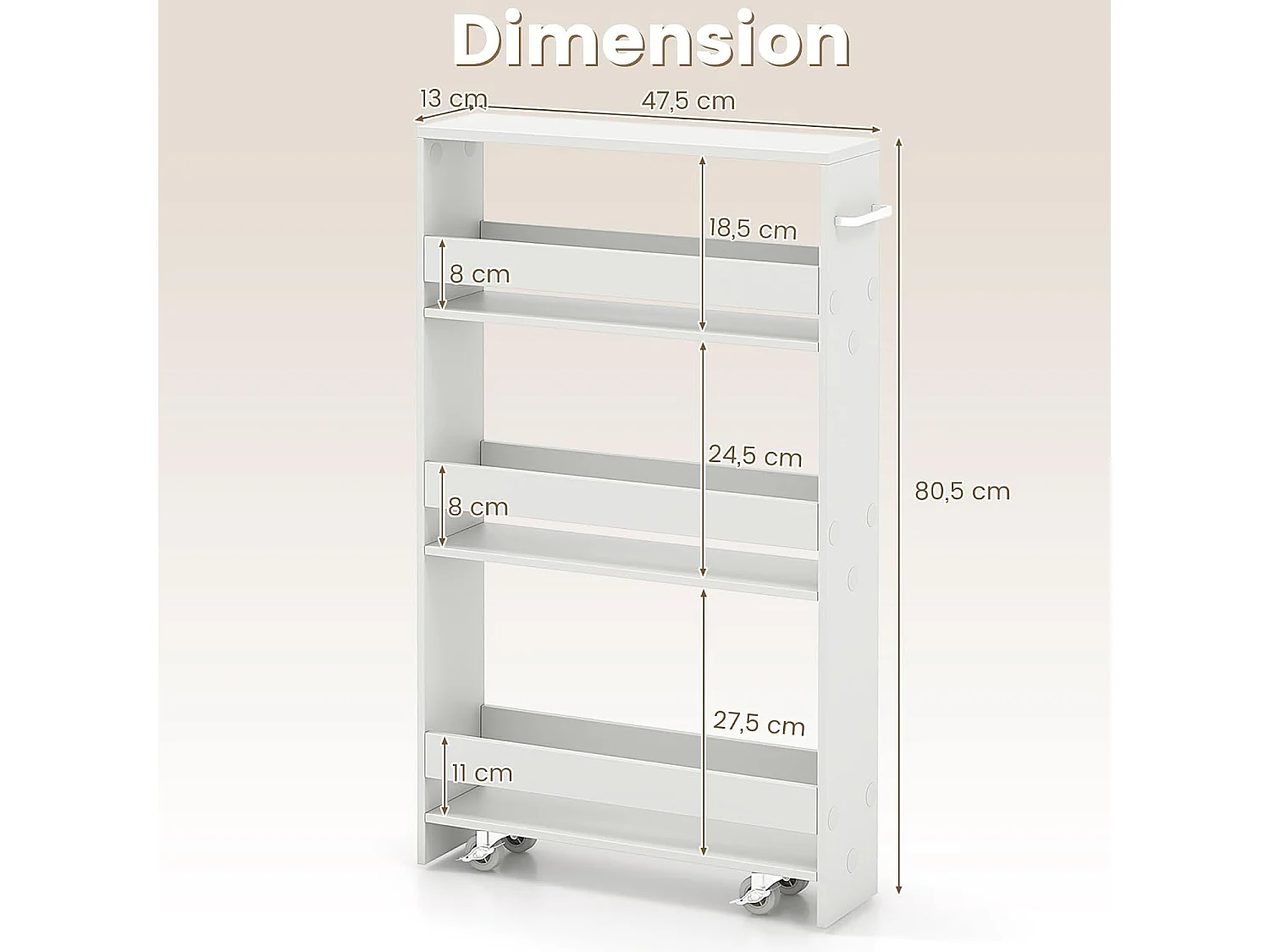 Chariot rangement 13cm 4 niveaux poignée latérale roues freinées, Blanc