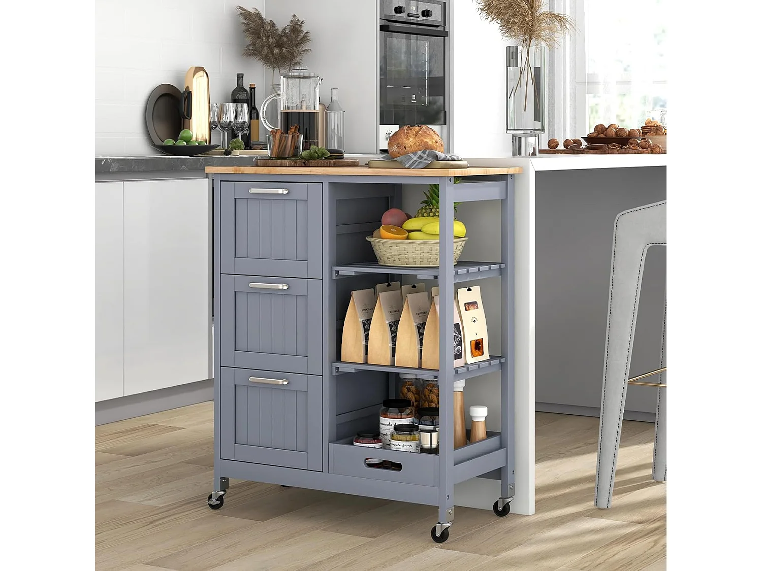 Desserte cuisine roulettes, 3 tiroirs 3 étagères 37x67x83,5cm Gris