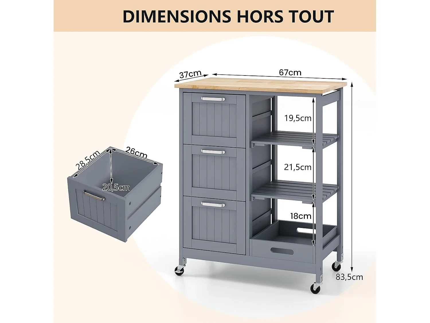Desserte cuisine roulettes, 3 tiroirs 3 étagères 37x67x83,5cm Gris