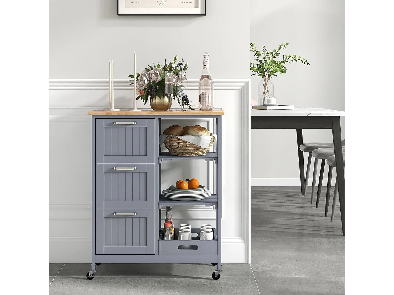Desserte cuisine roulettes, 3 tiroirs 3 étagères 37x67x83,5cm Gris