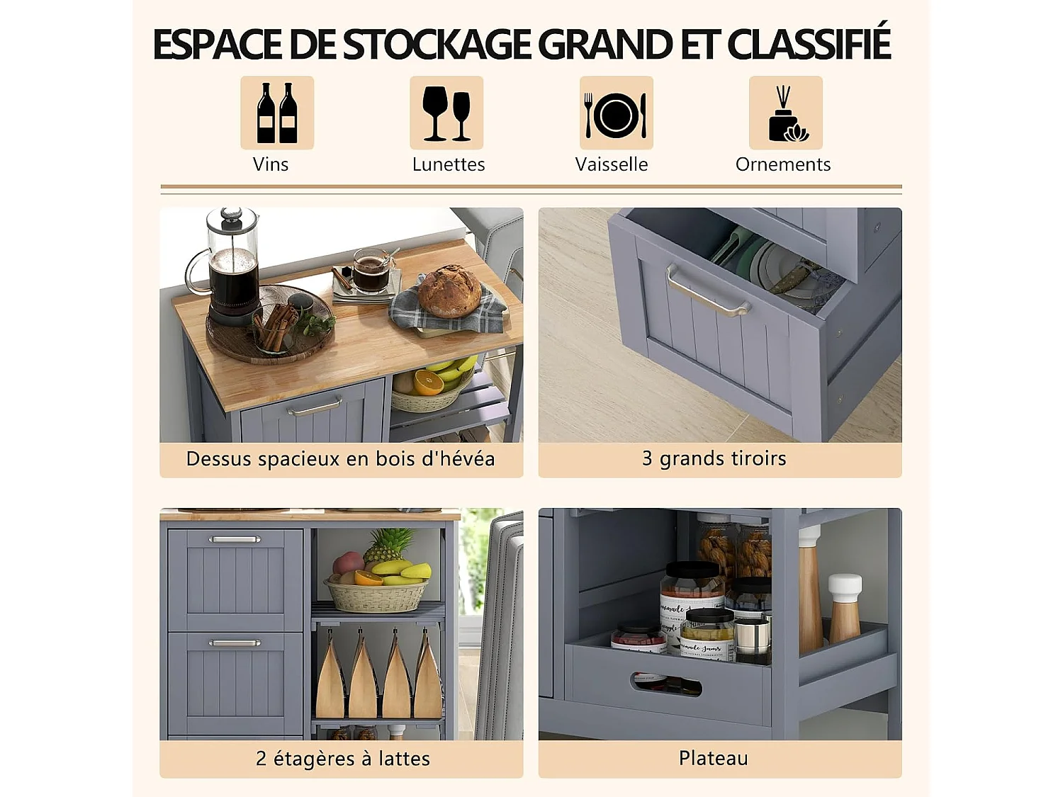 Desserte cuisine roulettes, 3 tiroirs 3 étagères 37x67x83,5cm Gris