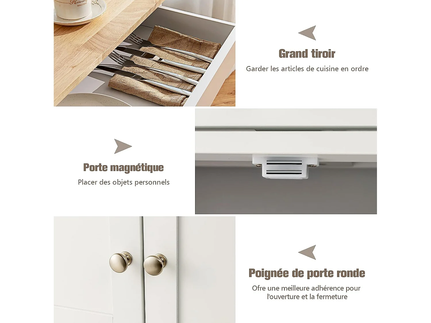 Desserte cuisine plateau hévéa 3 niveaux tiroir placards porte-bouteilles Blanc