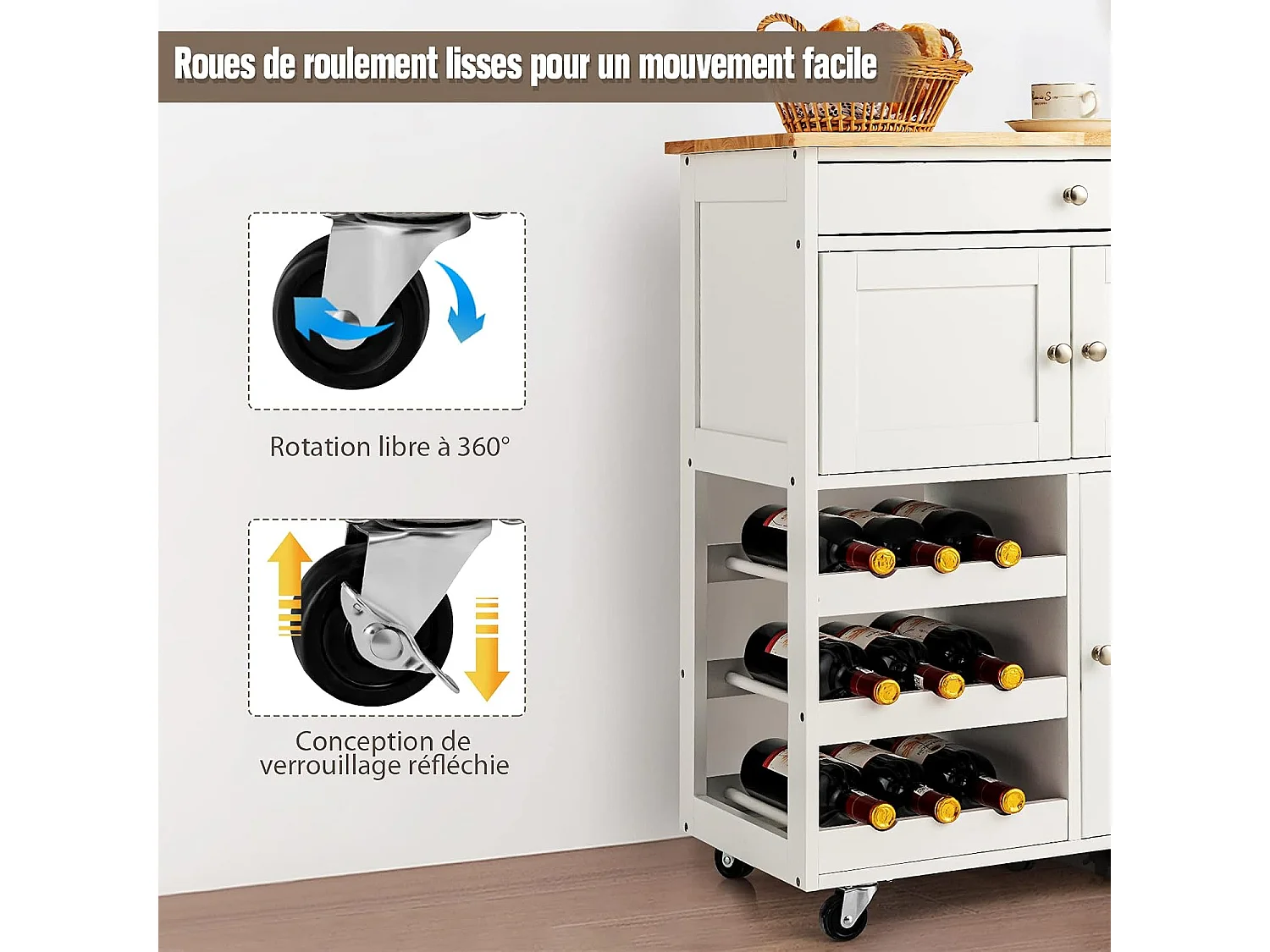 Desserte cuisine plateau hévéa 3 niveaux tiroir placards porte-bouteilles Blanc
