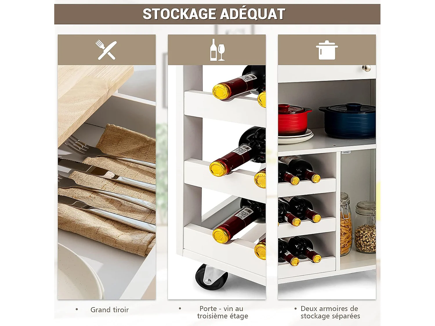 Desserte cuisine plateau hévéa 3 niveaux tiroir placards porte-bouteilles Blanc