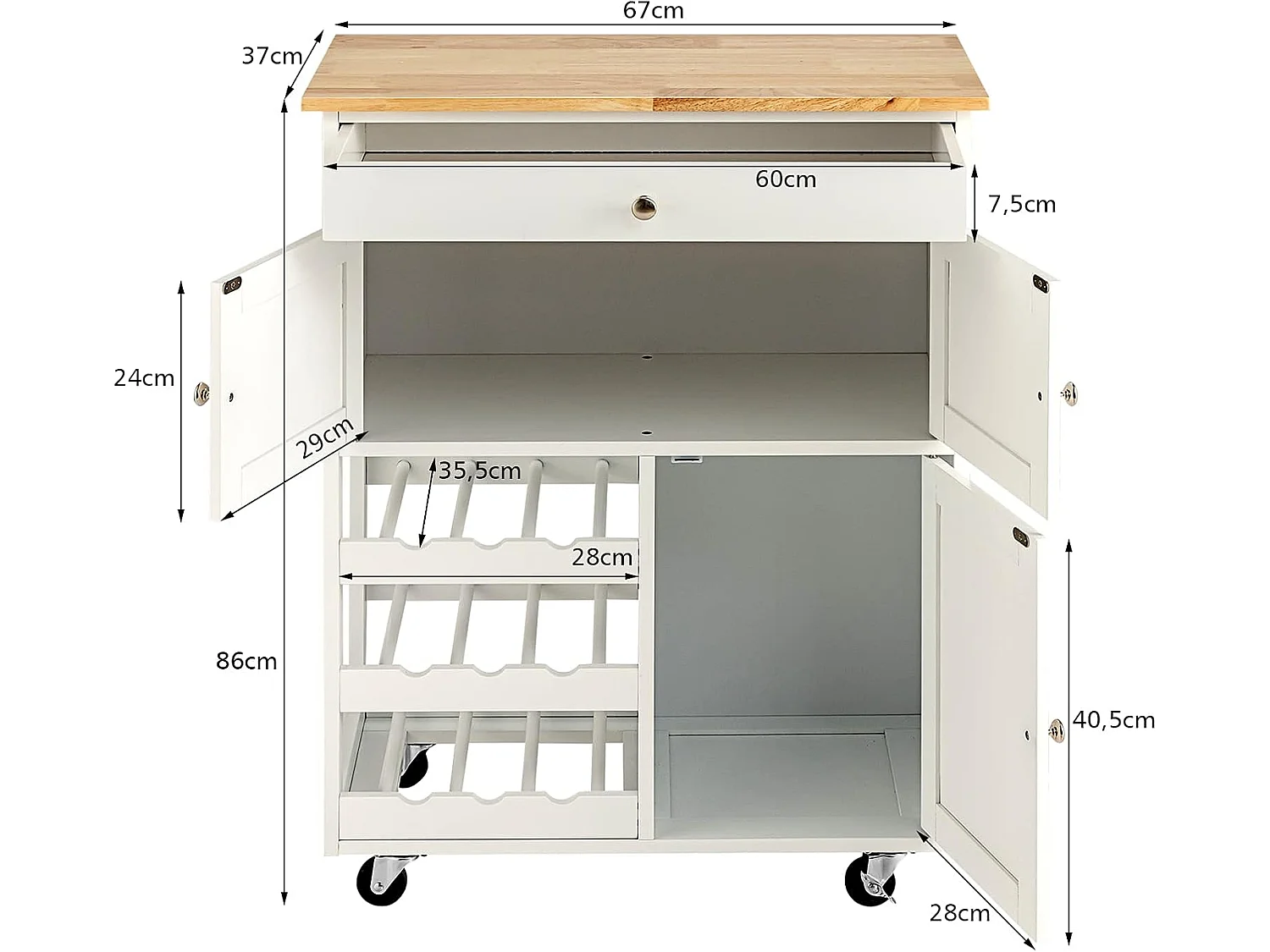 Desserte cuisine plateau hévéa 3 niveaux tiroir placards porte-bouteilles Blanc
