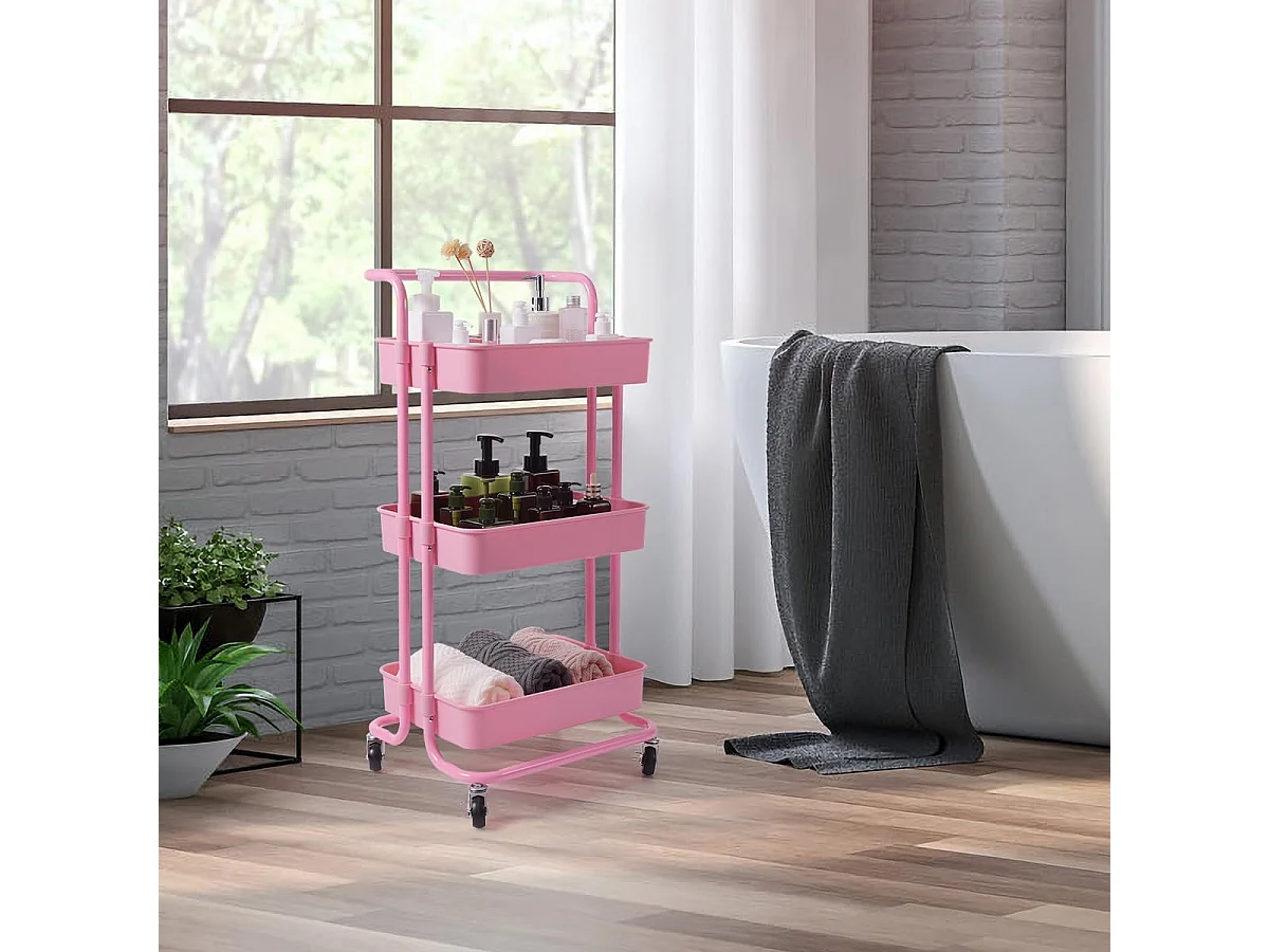 Chariot rangement 3 paniers charge 60KG 42×35×87CM, Rose multi-usage