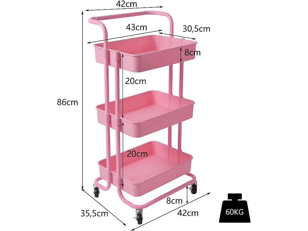 Chariot rangement 3 paniers charge 60KG 42×35×87CM, Rose multi-usage
