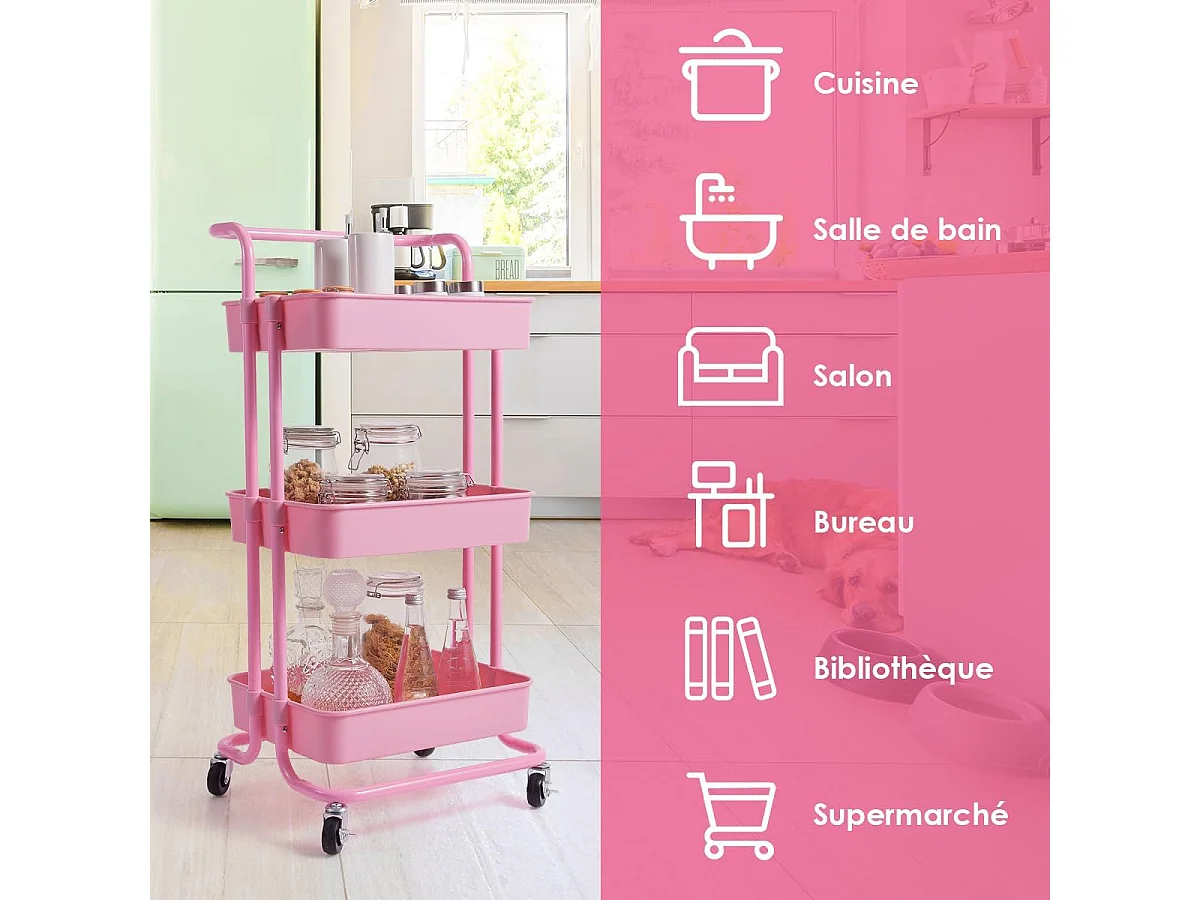 Chariot rangement 3 paniers charge 60KG 42×35×87CM, Rose multi-usage