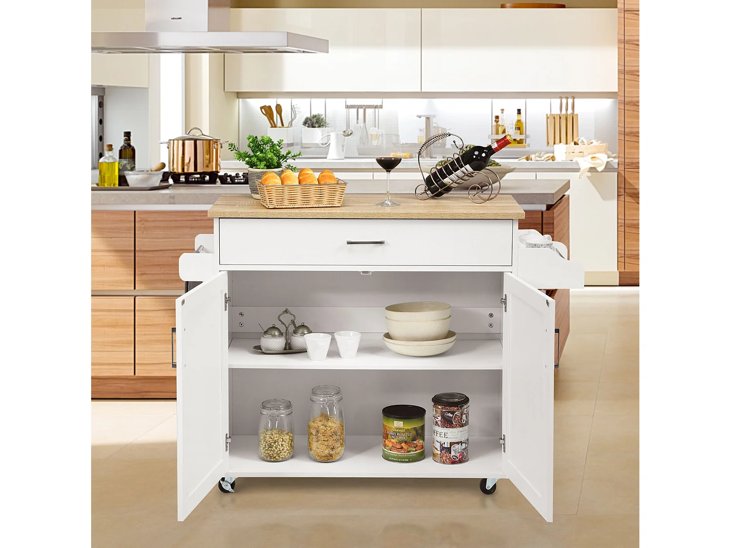 Desserte roulettes verrouillables 3 niveaux tiroir porte-épices 40×116×85cm Blanc