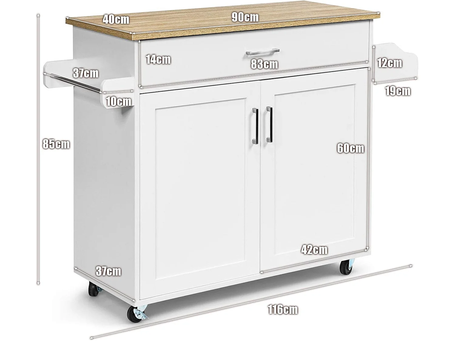 Desserte roulettes verrouillables 3 niveaux tiroir porte-épices 40×116×85cm Blanc