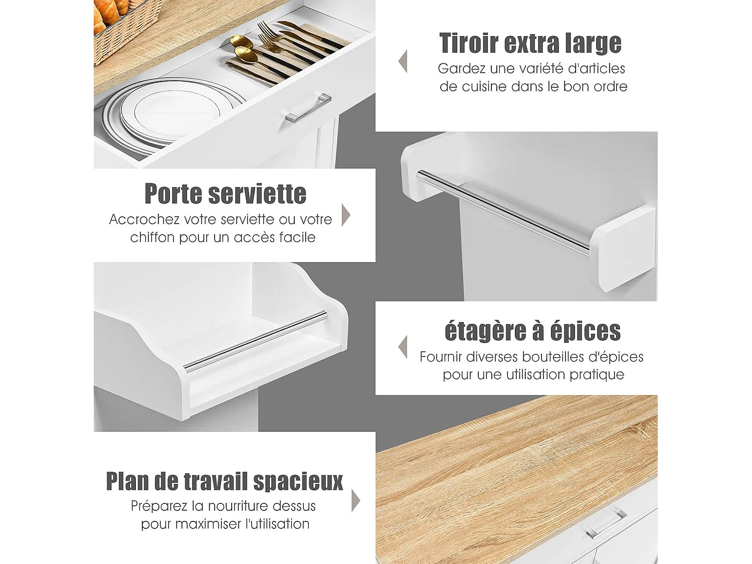 Desserte roulettes verrouillables 3 niveaux tiroir porte-épices 40×116×85cm Blanc
