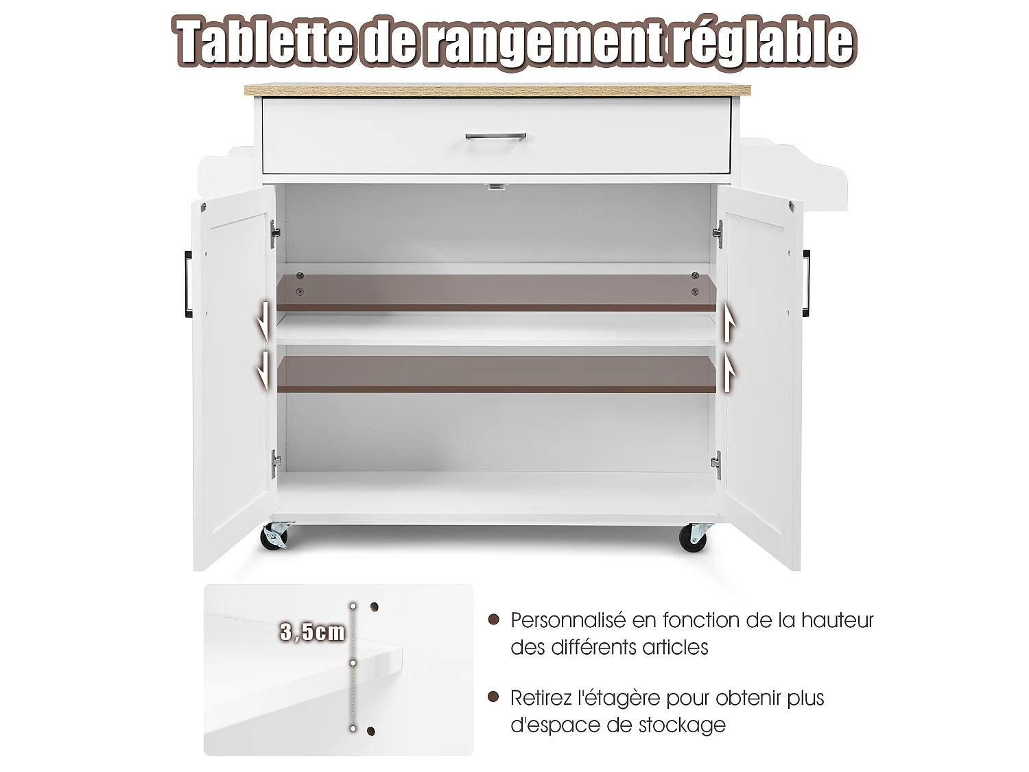 Desserte roulettes verrouillables 3 niveaux tiroir porte-épices 40×116×85cm Blanc