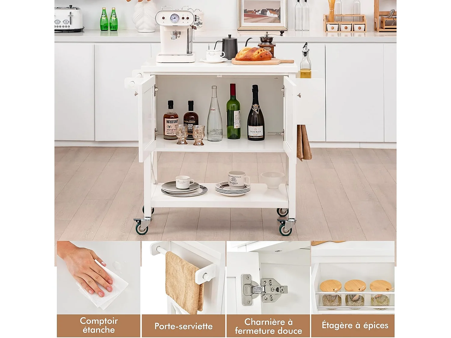 Desserte cuisine roulettes, armoire serviette épices
