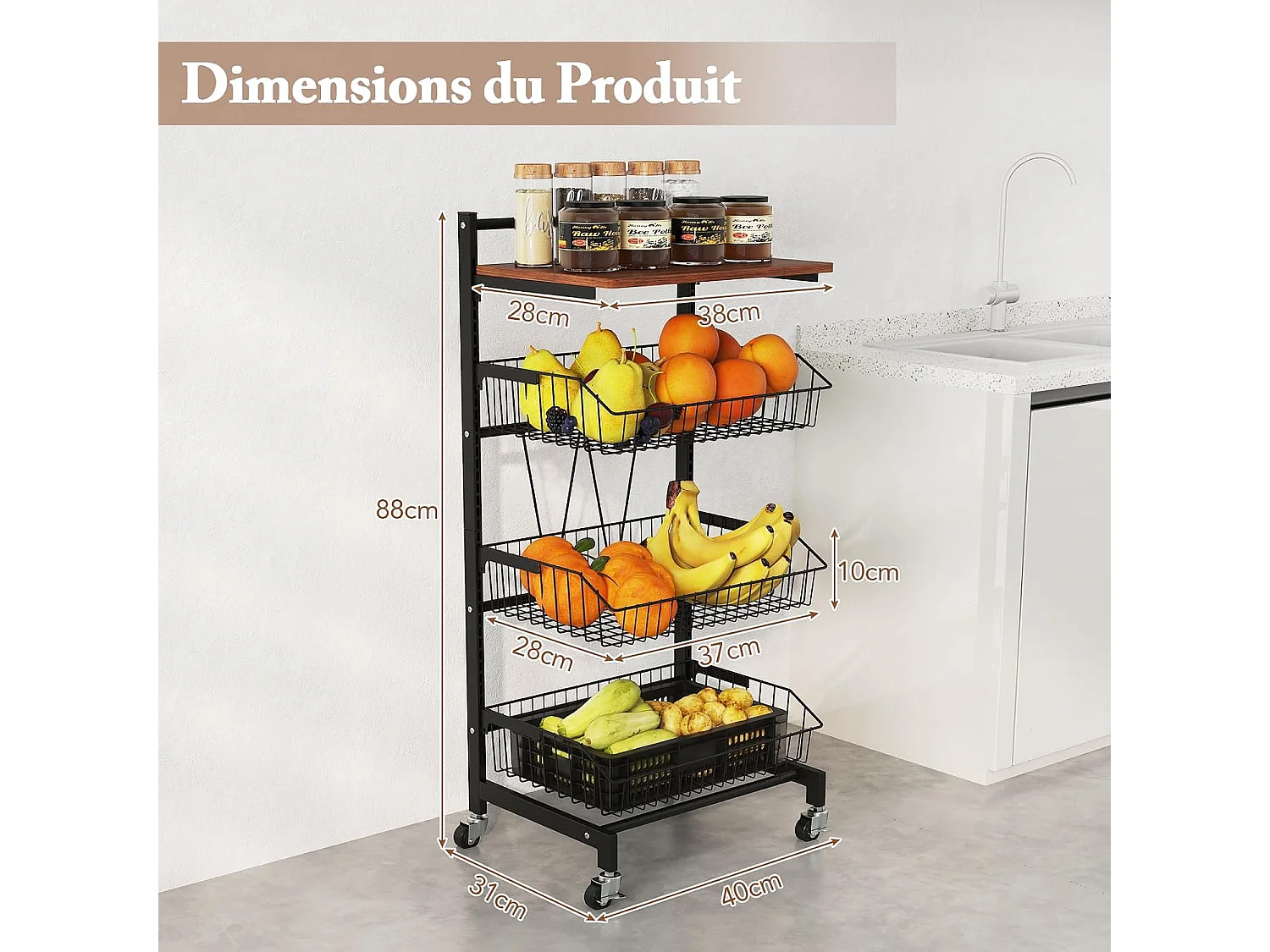 Chariot 4 niveaux roulettes, paniers réglables 40×31×88cm