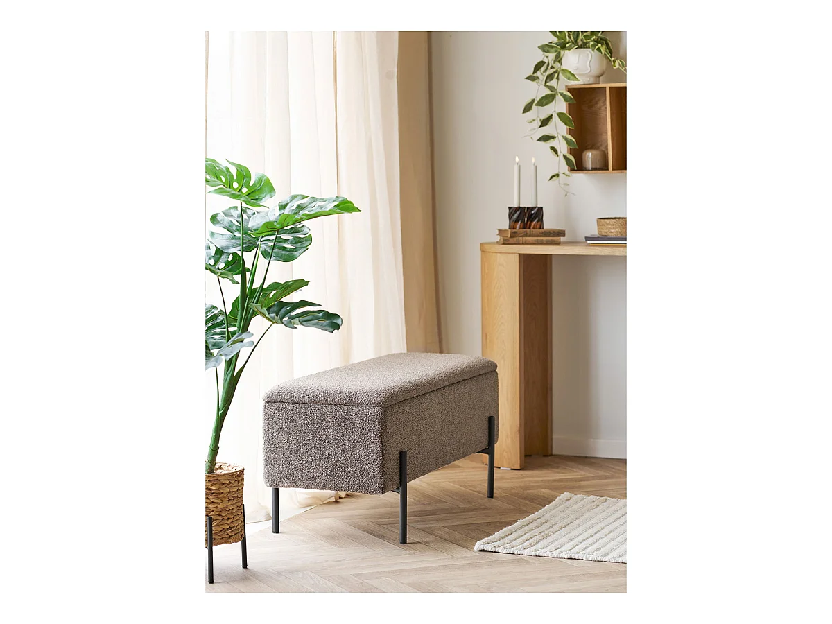 Watford - Banc de rangement en bouclé marron avec pieds en métal noir 95x36,5x43 cm