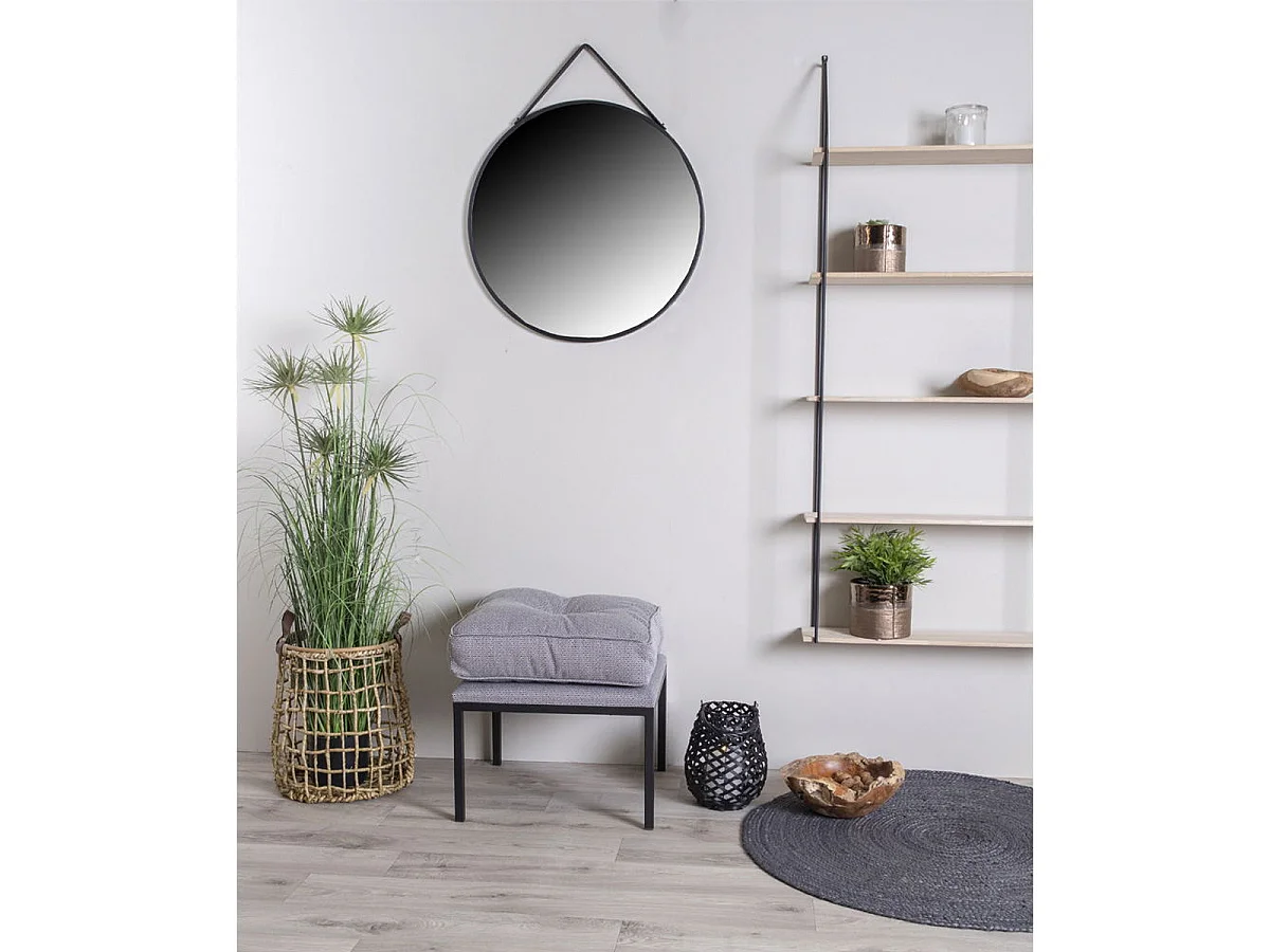 Ronde wandspiegel Trapani in zwart staal met riem ø60 cm
