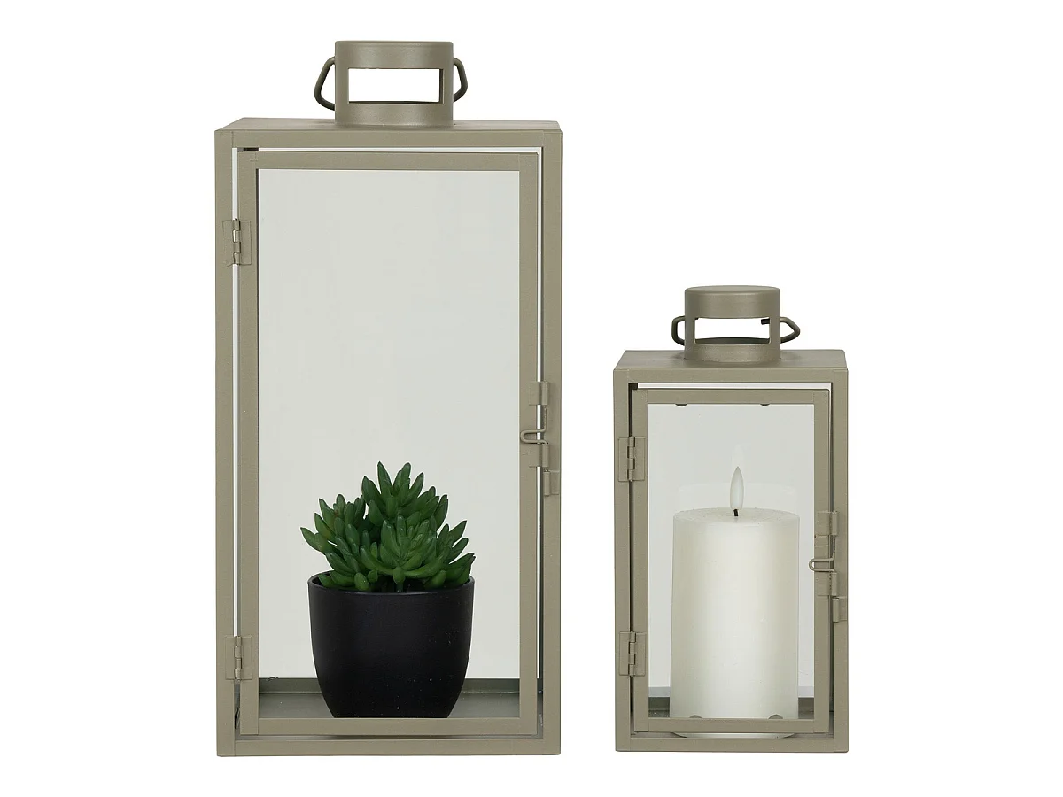 Lot de 2 Lanternes en Métal et Verre Corfu — Vert Sauge, Tailles Graduées