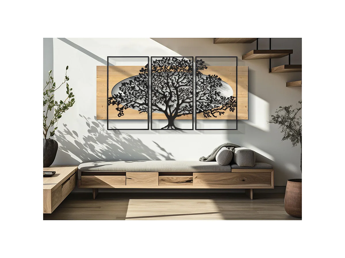 Panneau mural Tree Arbre de Vie en fer et bois, set 3 pièces, 176×90 cm