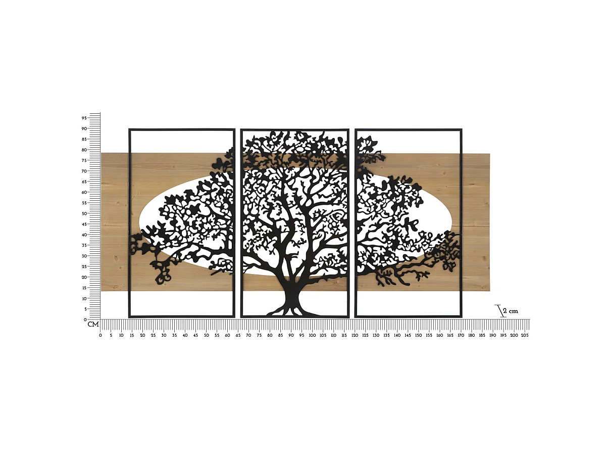 Panneau mural Tree Arbre de Vie en fer et bois, set 3 pièces, 176×90 cm