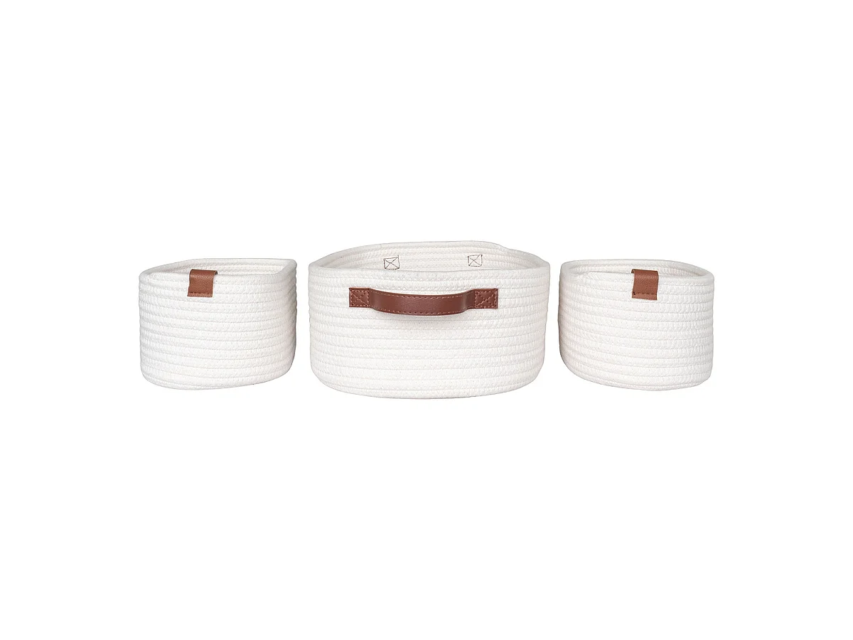 Set de 3 cestas Jarana de algodón blanco con asas de cuero