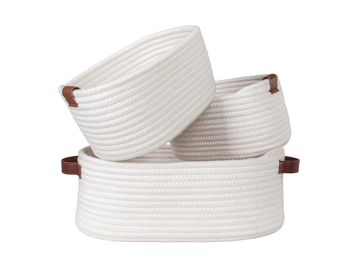 Set de 3 cestas Jarana de algodón blanco con asas de cuero