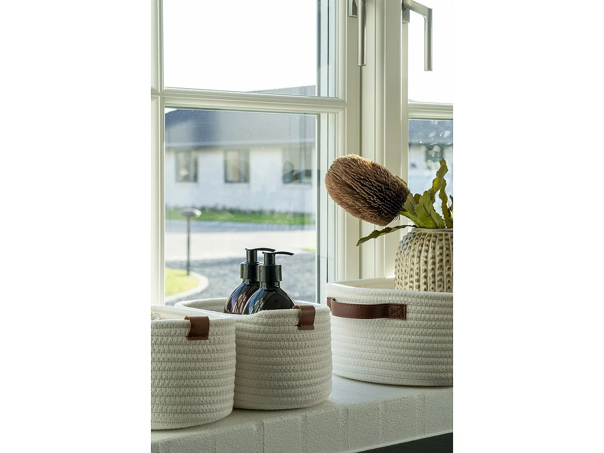 Set de 3 cestas Jarana de algodón blanco con asas de cuero