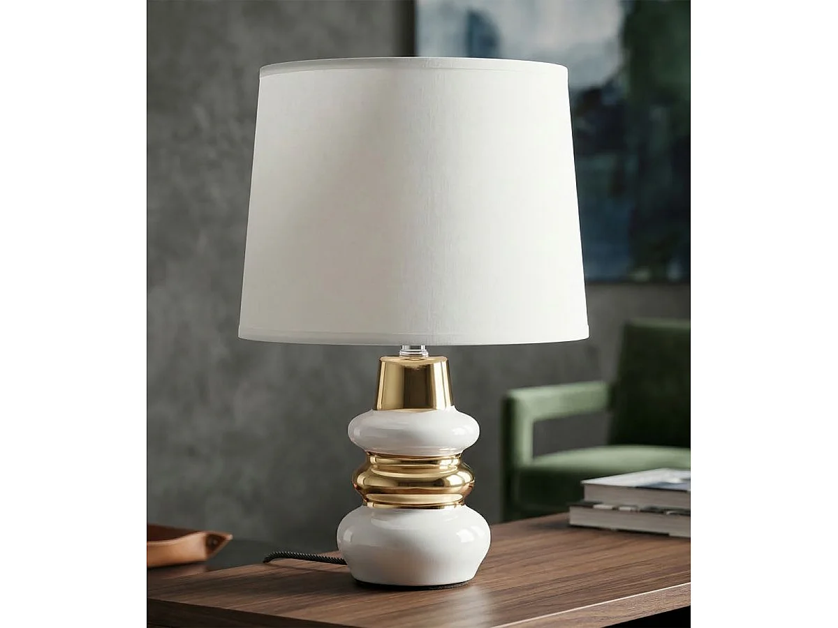 Tafellamp Liara Wit en Goud van keramiek met stoffen kap — Ø 23×32 cm
