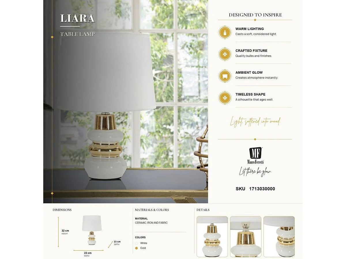 Tafellamp Liara Wit en Goud van keramiek met stoffen kap — Ø 23×32 cm